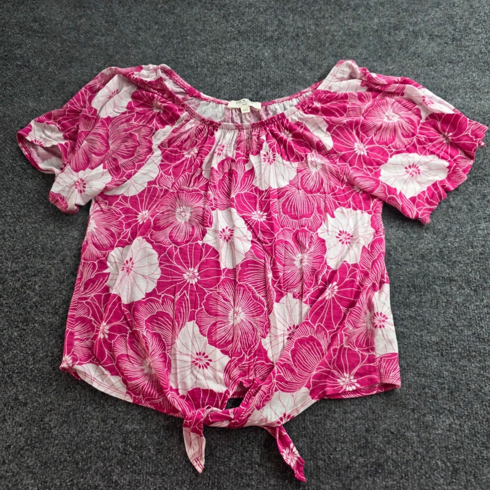 Kim & Cami Blouse Floral Tie Front Top‎ Small Pink White Tropical Flutter Sleeve